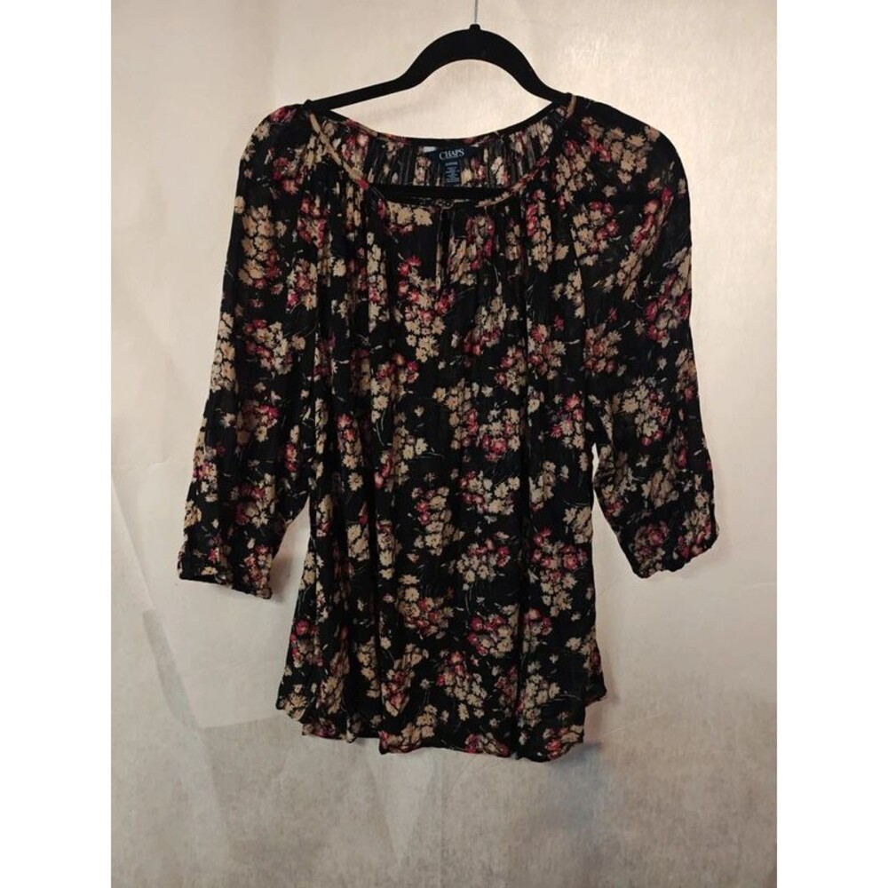 Chaps Black Floral Print Blouse 3/4 Sleeve Keyhole Neck Plus Size 2X